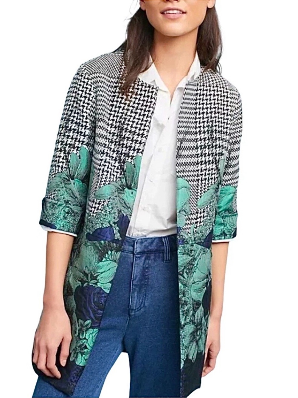 Eva Franco Floral Jacquard & Houndstooth Black Turquoise Blue Car Coat Jacket 0